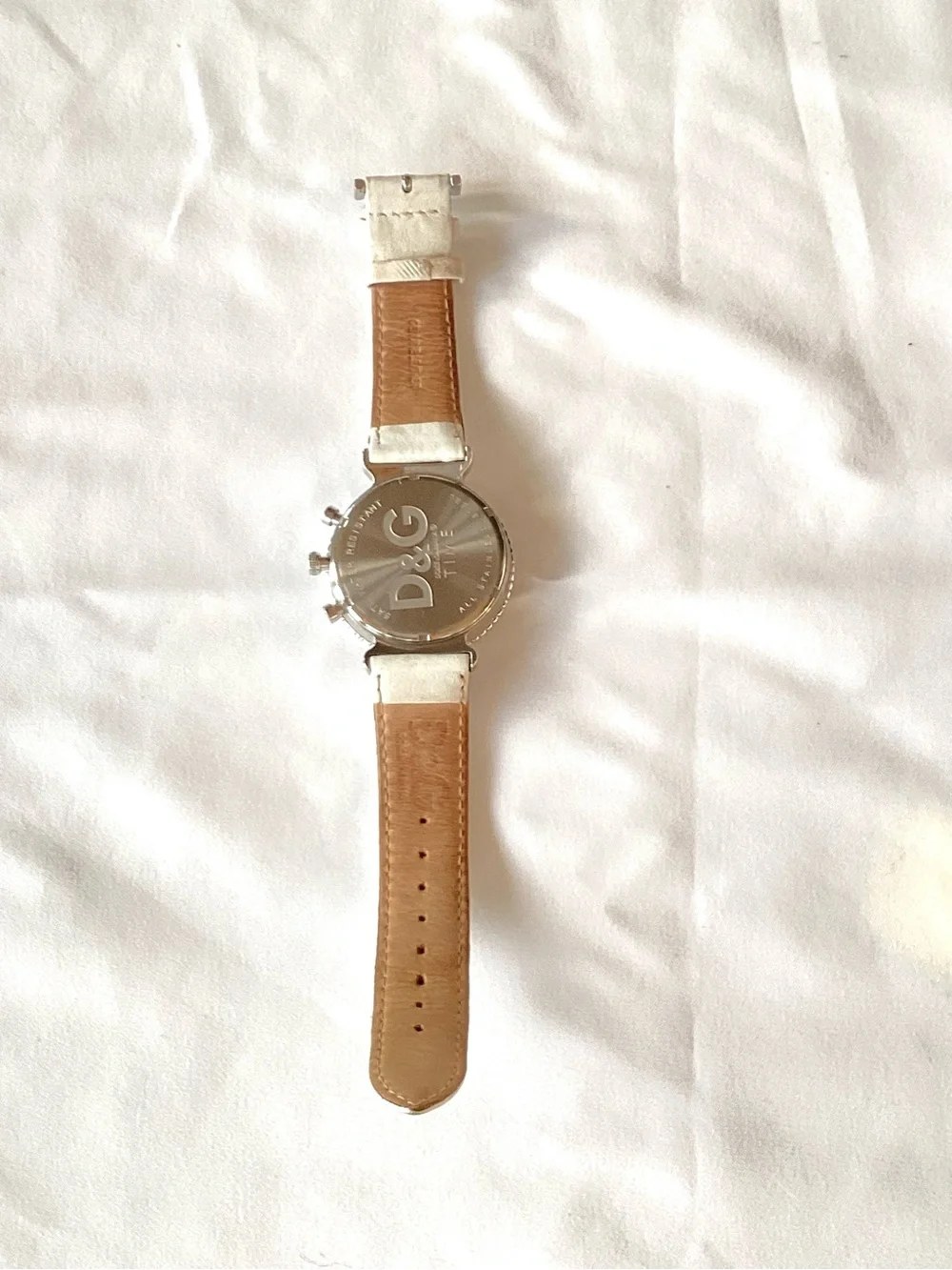 D&G Vintage Chronograph Quartz Watch White Leather Silver Steel New Batteries